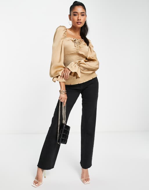 ASOS DESIGN satin long sleeve top with shirred waist in gold, 3 of 4