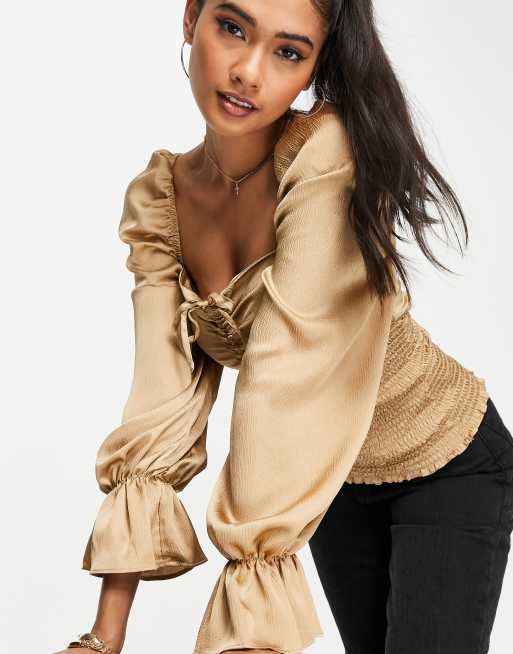 ASOS DESIGN satin long sleeve top with shirred waist in gold, 4 of 4