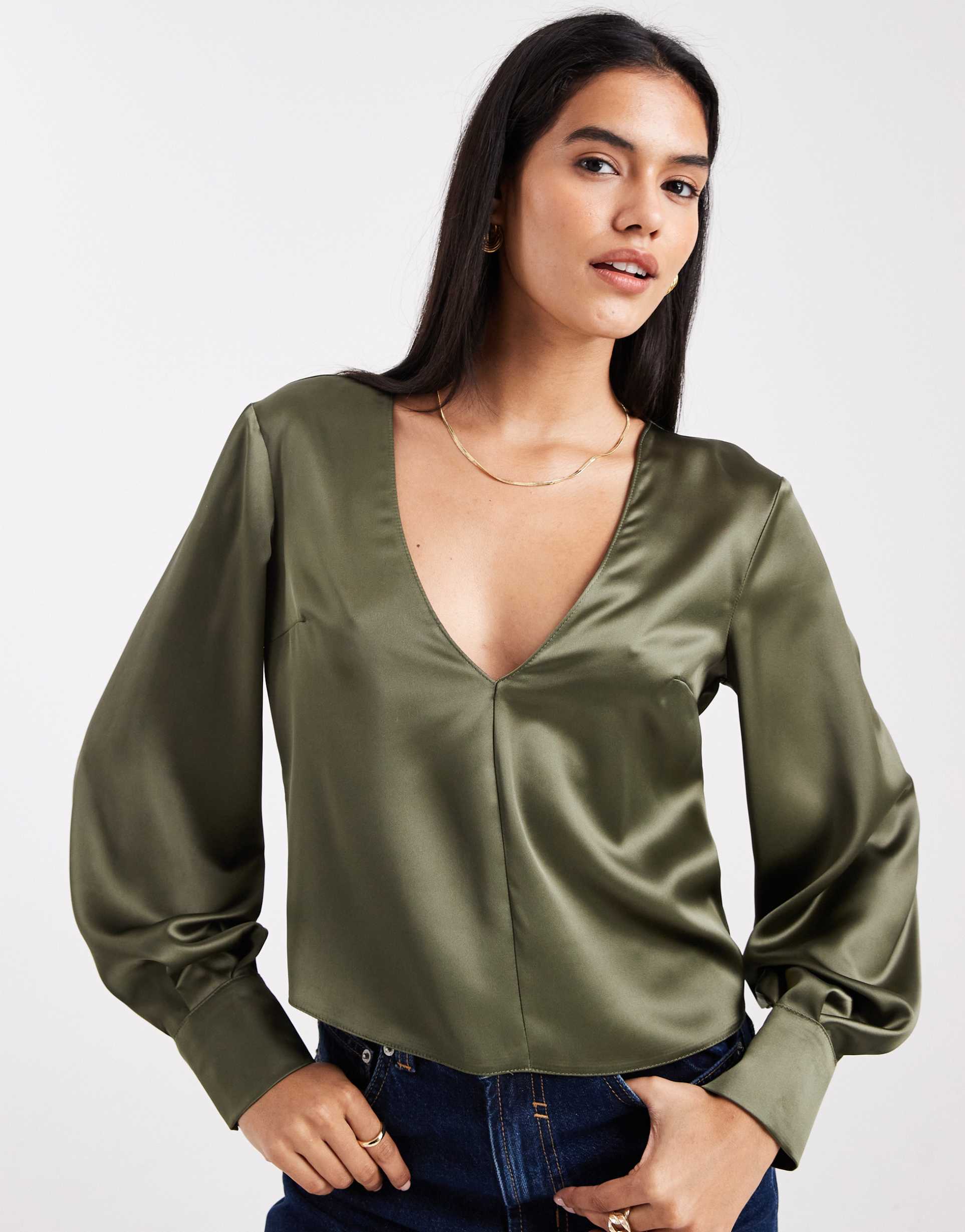 asos design satin long sleeve v-neck blouse in khaki green