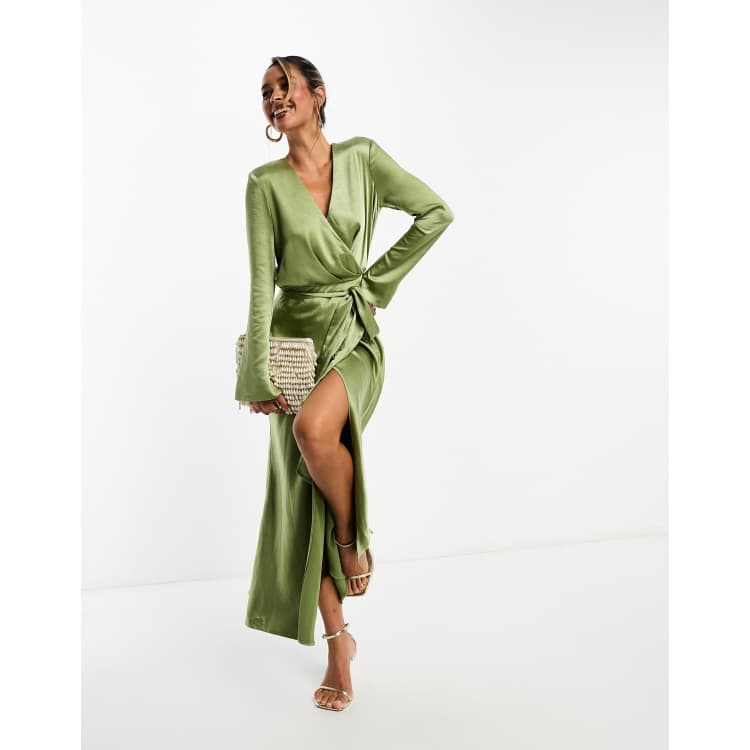 ASOS EDITION knitted wrap blouson sleeve wrap maxi dress in khaki-Green