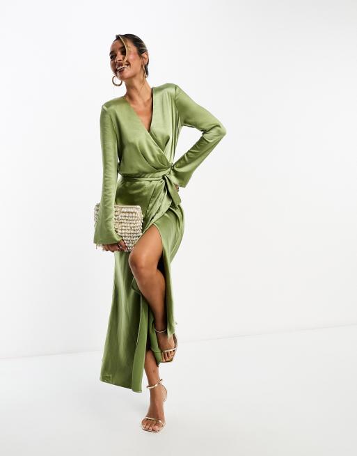 ASOS DESIGN satin long sleeve wrap detail midaxi dress in khaki ASOS