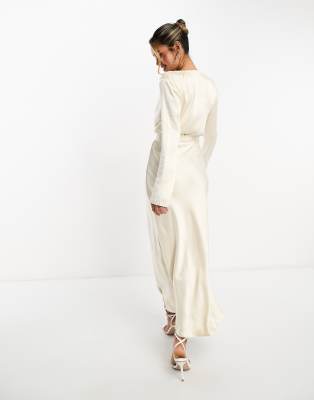 ASOS DESIGN satin long sleeve wrap detail midaxi dress in oyster | ASOS
