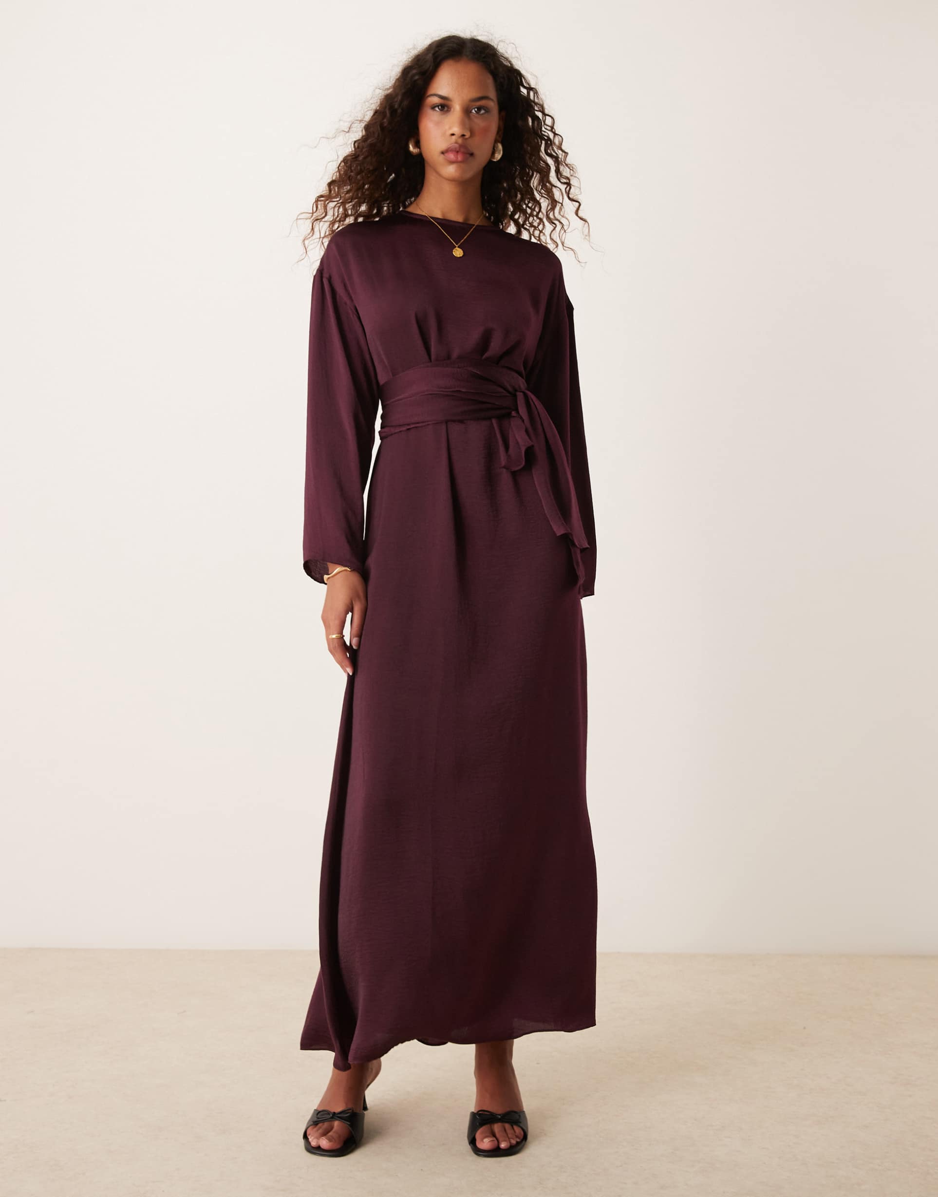 asos design satin long sleeved tie detail maxi dress in burgundy