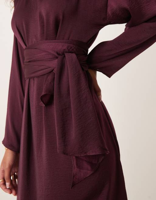 ASOS DESIGN satin long sleeved tie detail maxi dress in burgundy | ASOS