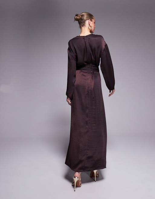 ASOS DESIGN satin long sleeved tie detail maxi dress in chocolate