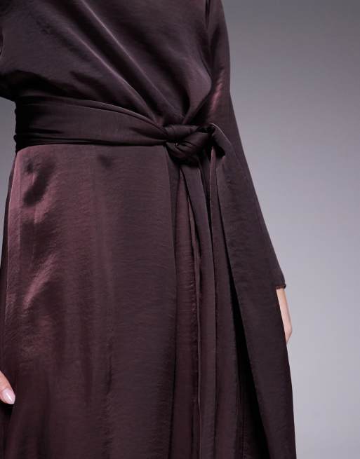 ASOS DESIGN satin long sleeved tie detail maxi dress in chocolate