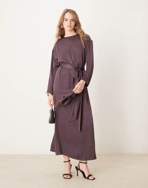 ASOS DESIGN satin long sleeved tie detail maxi dress in dusky mauve - view 1