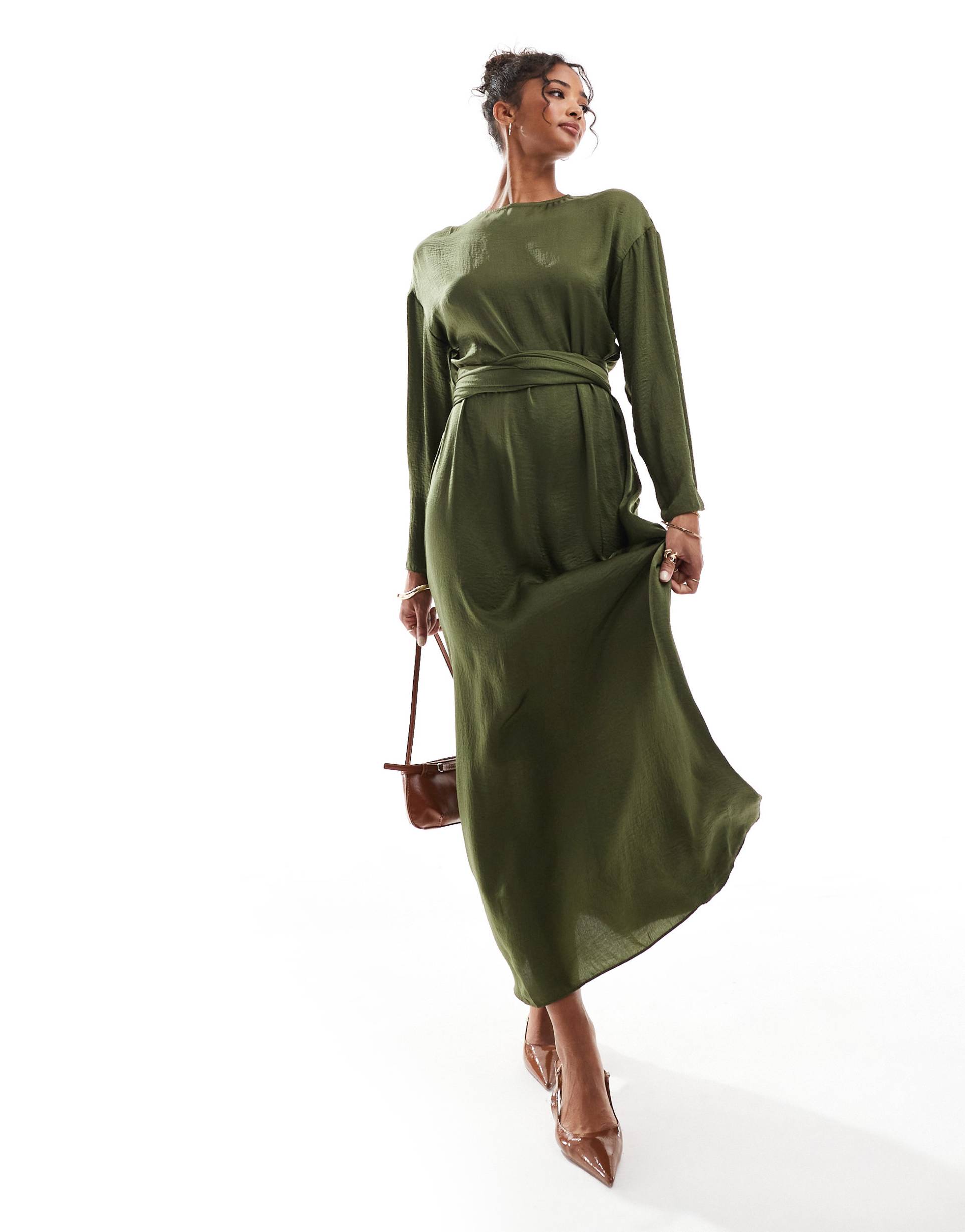 asos design satin long sleeved tie detail maxi dress in khaki