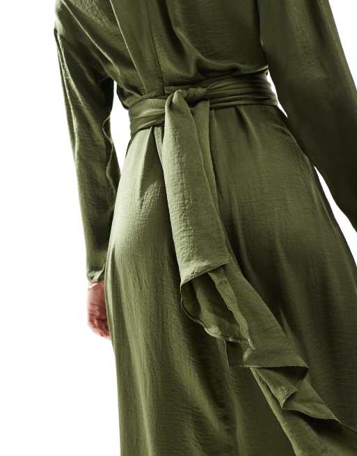 ASOS DESIGN satin long sleeved tie detail maxi dress in khaki, 3 of 4