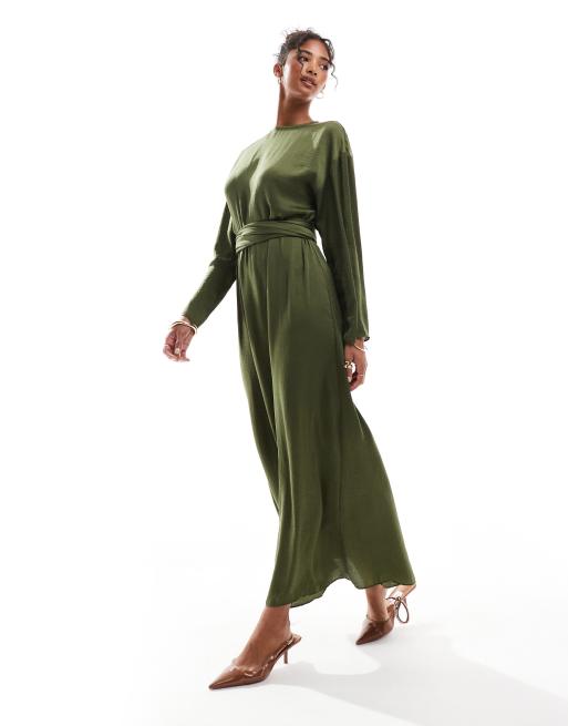ASOS DESIGN satin long sleeved tie detail maxi dress in khaki, 4 of 4
