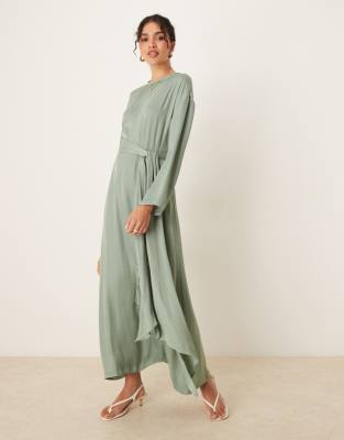 ASOS DESIGN ASOS DESIGN satin long sleeved tie detail maxi dress in sage-Green