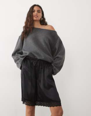 Asos Design Satin Longline Lace Bermuda Shorts-black In Gray