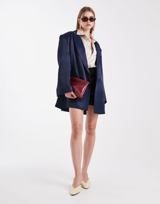 ASOS DESIGN satin longline oversized blazer in navy, 2 of 4