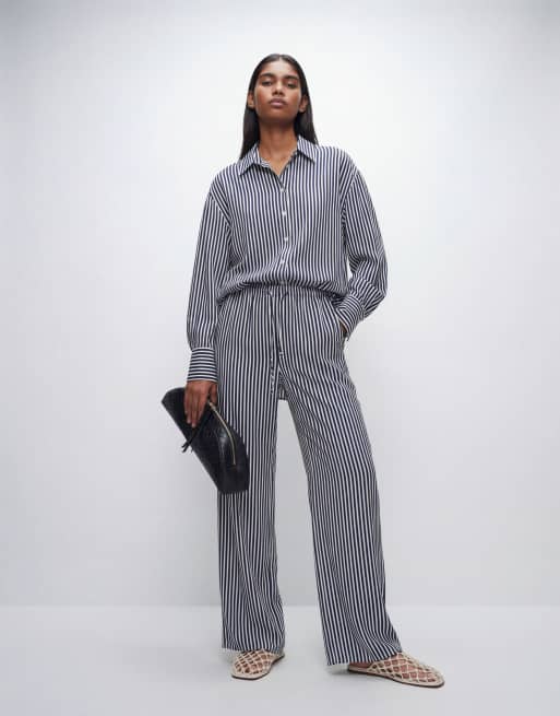 ASOS DESIGN satin longline shirt in pinstripe (part of a set), 9 of 11