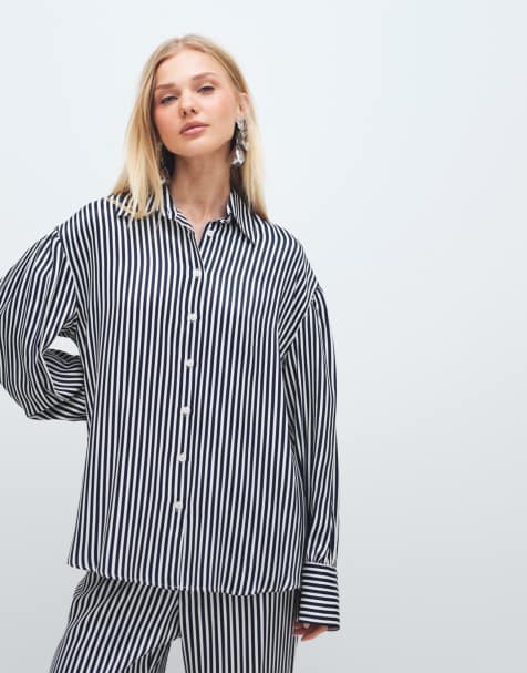 ASOS DESIGN satin longline shirt in pinstripes - part of a set - view 1