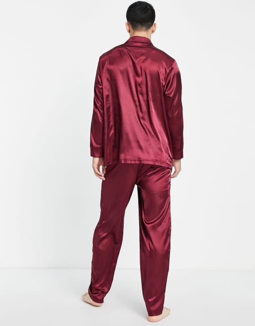 ASOS DESIGN satin lounge shirt and trousers pyjama set in burgundy