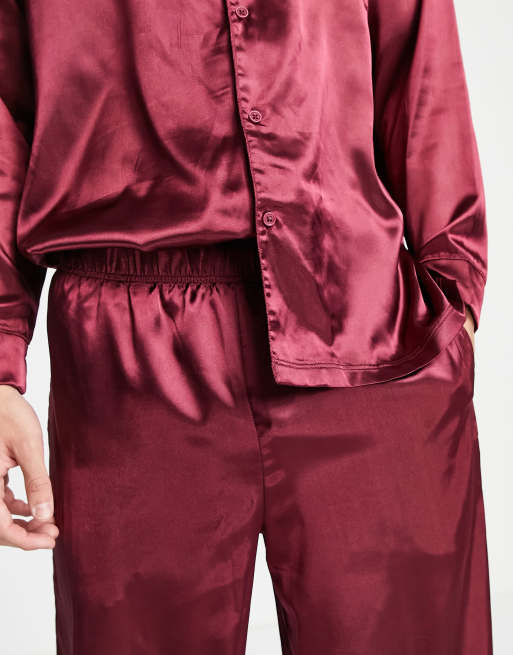 ASOS DESIGN satin lounge shirt and trousers pyjama set in burgundy