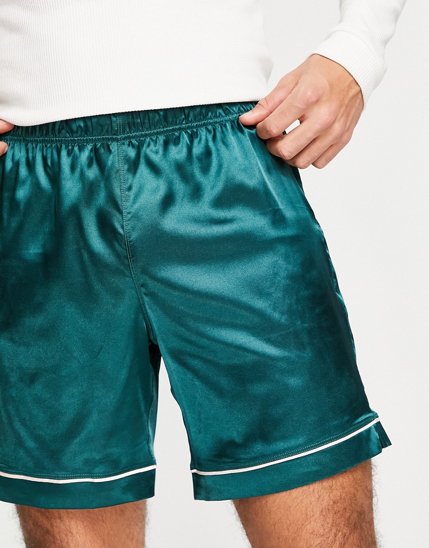 ASOS DESIGN satin lounge shorts with piping-Green