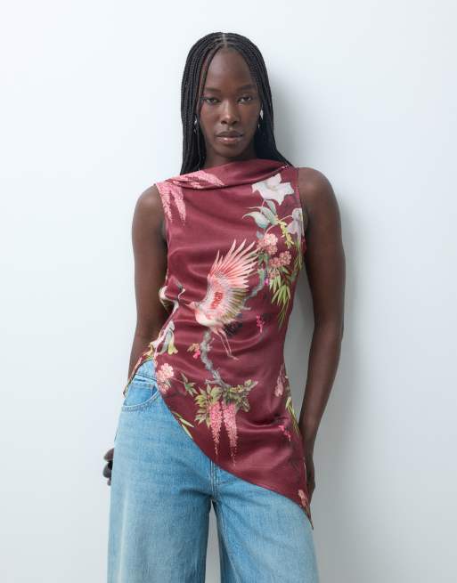 ASOS DESIGN satin low back asym top in floral print, 3 of 7