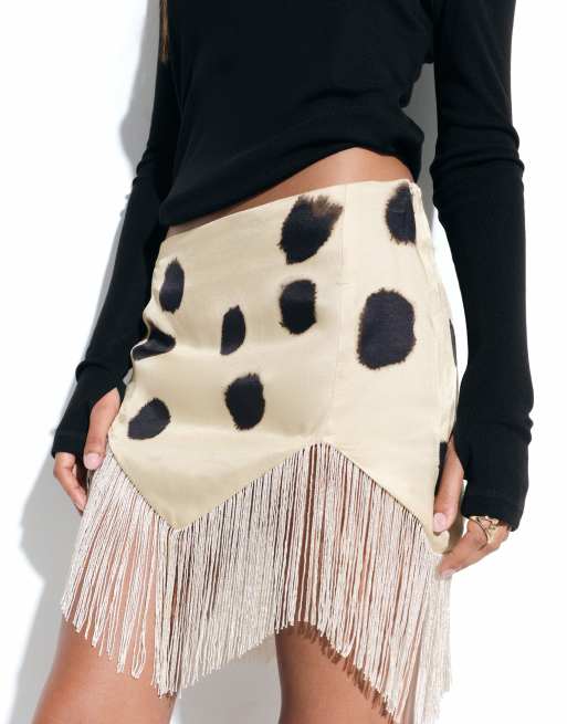 ASOS DESIGN satin low rise fringe hem mini skirt in cream splotch print, 3 of 5