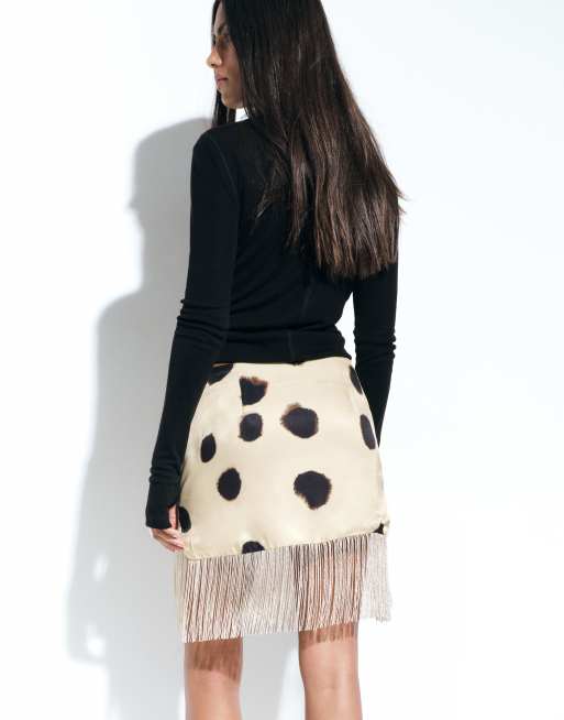 ASOS DESIGN satin low rise fringe hem mini skirt in cream splotch print, 4 of 5