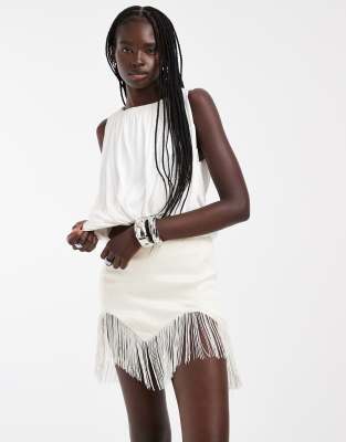 Asos Design Satin Low Rise Fringe Trim Mini Skirt In White
