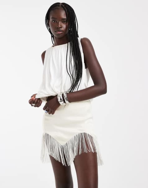 ASOS DESIGN satin low rise fringe trim mini skirt in ivory - view 1