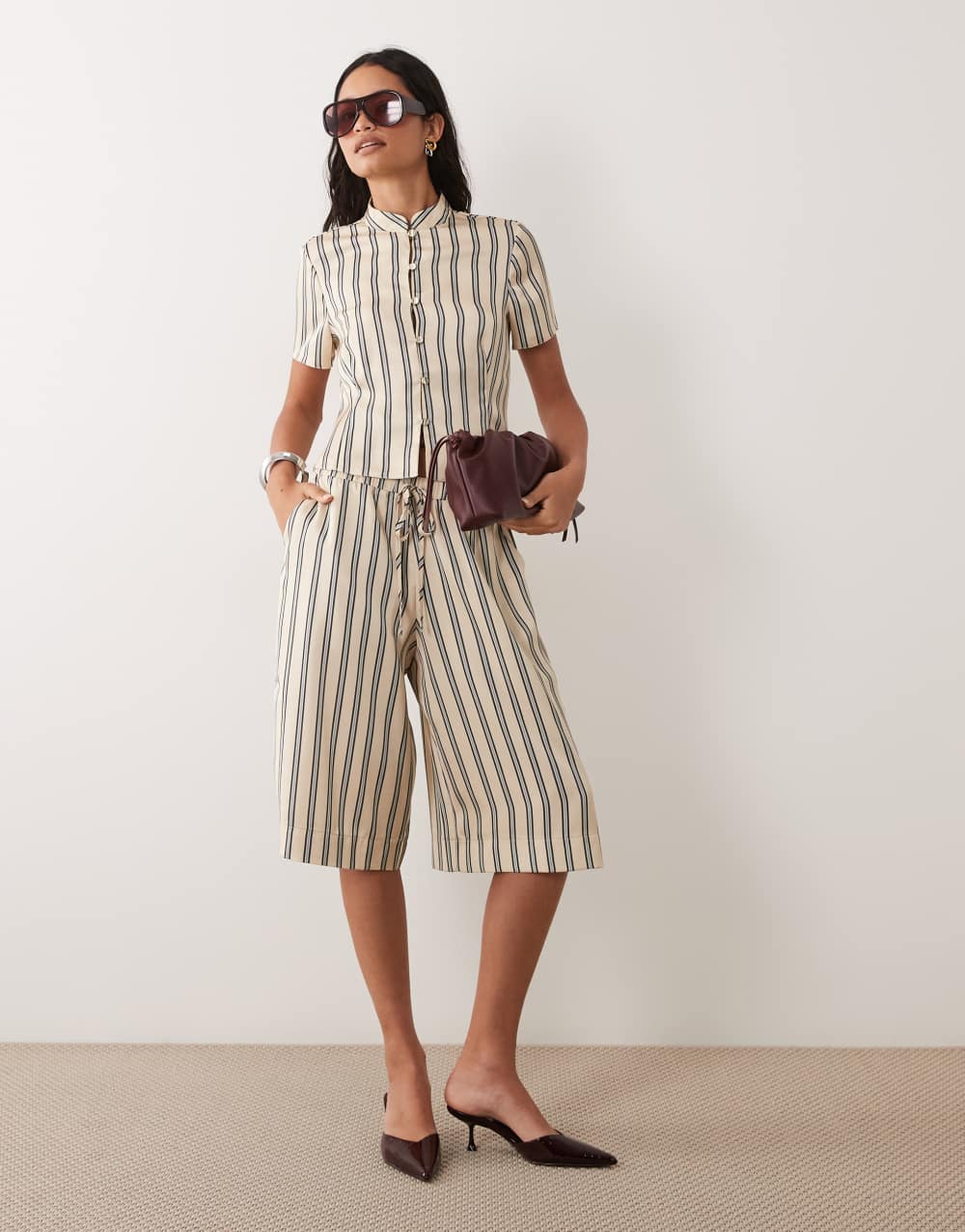 ASOS DESIGN satin mandarin style top in multi stripe co-ord