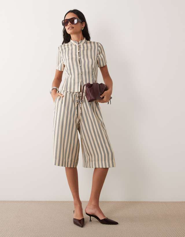 ASOS DESIGN satin mandarin style top in multi stripe - part of a set