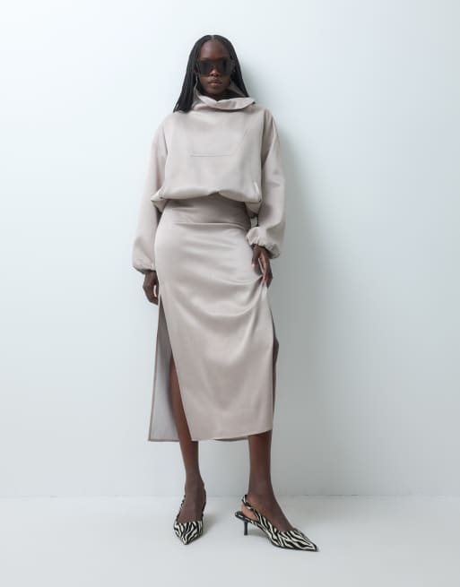 ASOS DESIGN satin funnel neck jacket set in taupe, 2 of 3