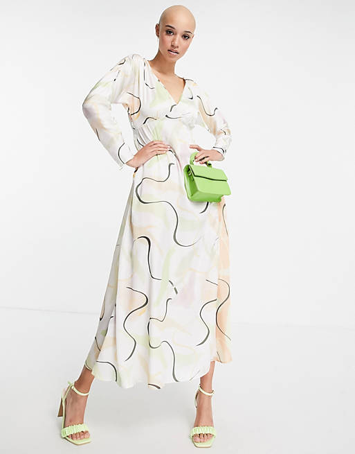 Women satin maxi dress in swirly abstract print 