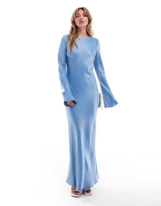 ASOS DESIGN satin maxi dress with angel sleeves in blue ASOS