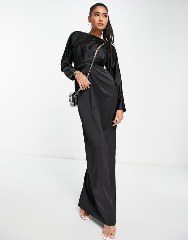 ASOS DESIGN satin maxi dress with batwing sleeve and wrap waist in black