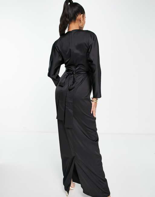 Black satin clearance wrap maxi dress