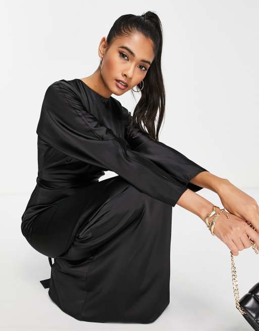 ASOS DESIGN satin maxi dress with batwing sleeve and wrap waist in black