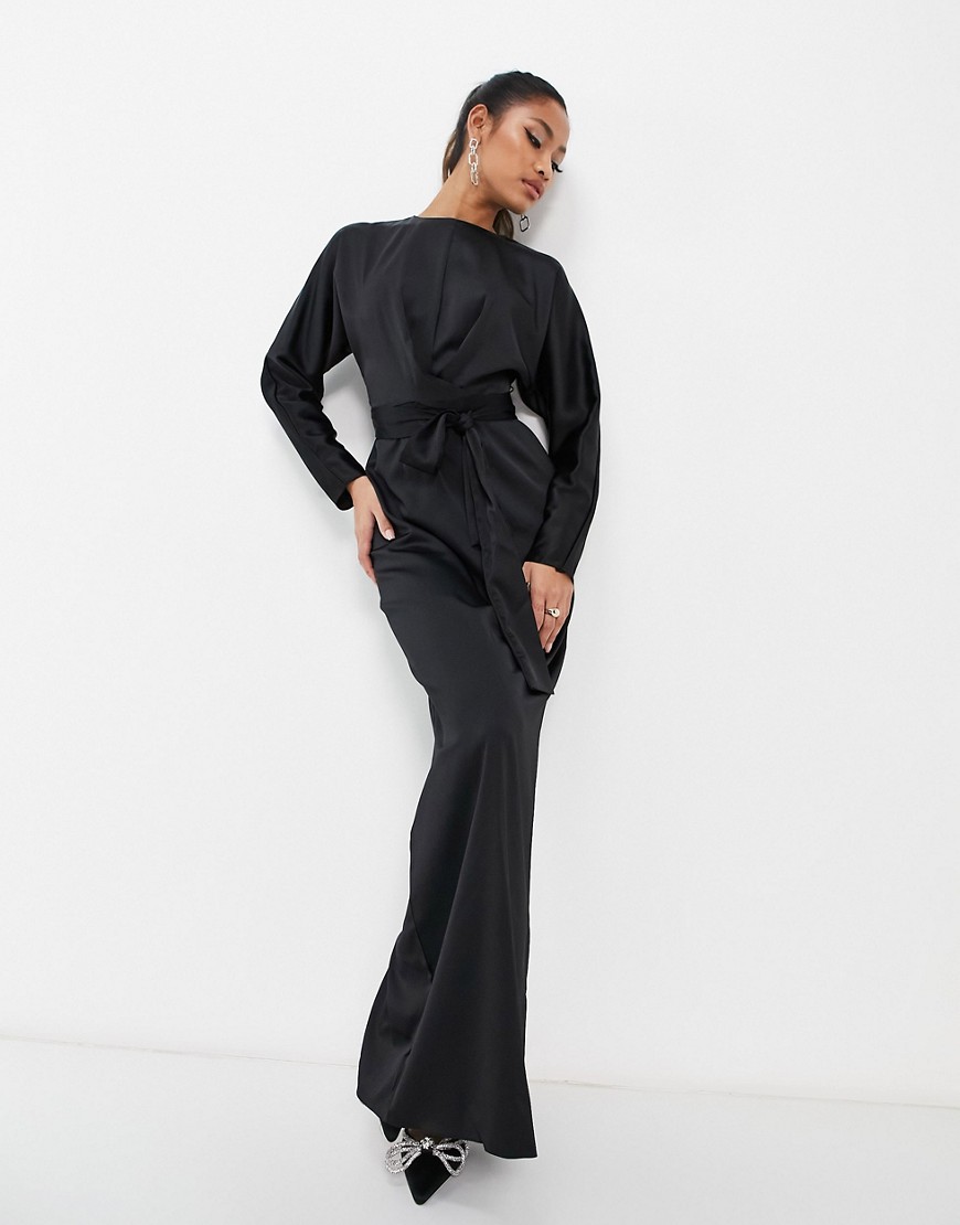 ASOS DESIGN satin maxi dress with batwing sleeve and wrap waist in black