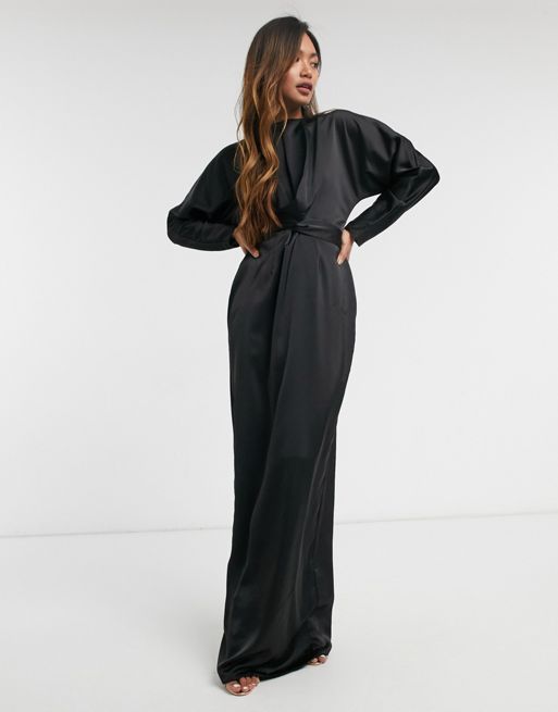 Product photo of Asos design satin maxi dress with batwing sleeve and wrap waist in black