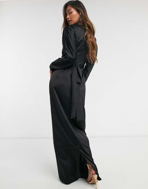 Maxi dress with batwing sleeve 2025 and wrap waist in satin