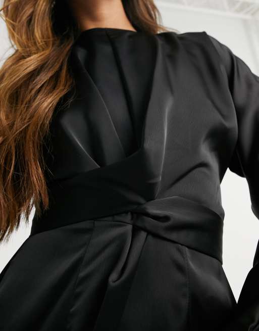 Black satin wrap dress best sale long sleeve