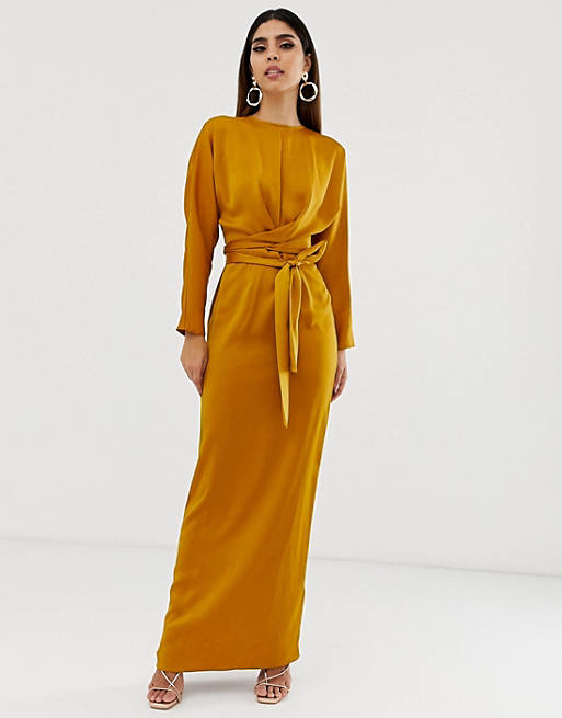 ASOS DESIGN satin maxi dress with batwing sleeve and wrap waist in mustard  | ASOS