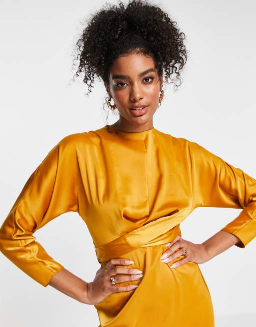 ASOS DESIGN satin maxi dress with batwing sleeve and wrap waist in mustard