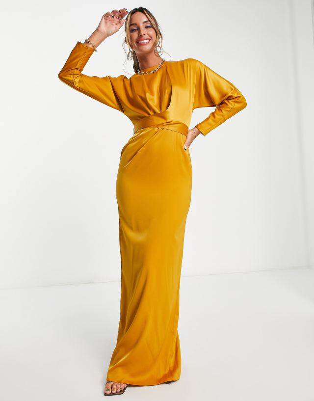 ASOS DESIGN satin maxi dress with batwing sleeve and wrap waist in mustard