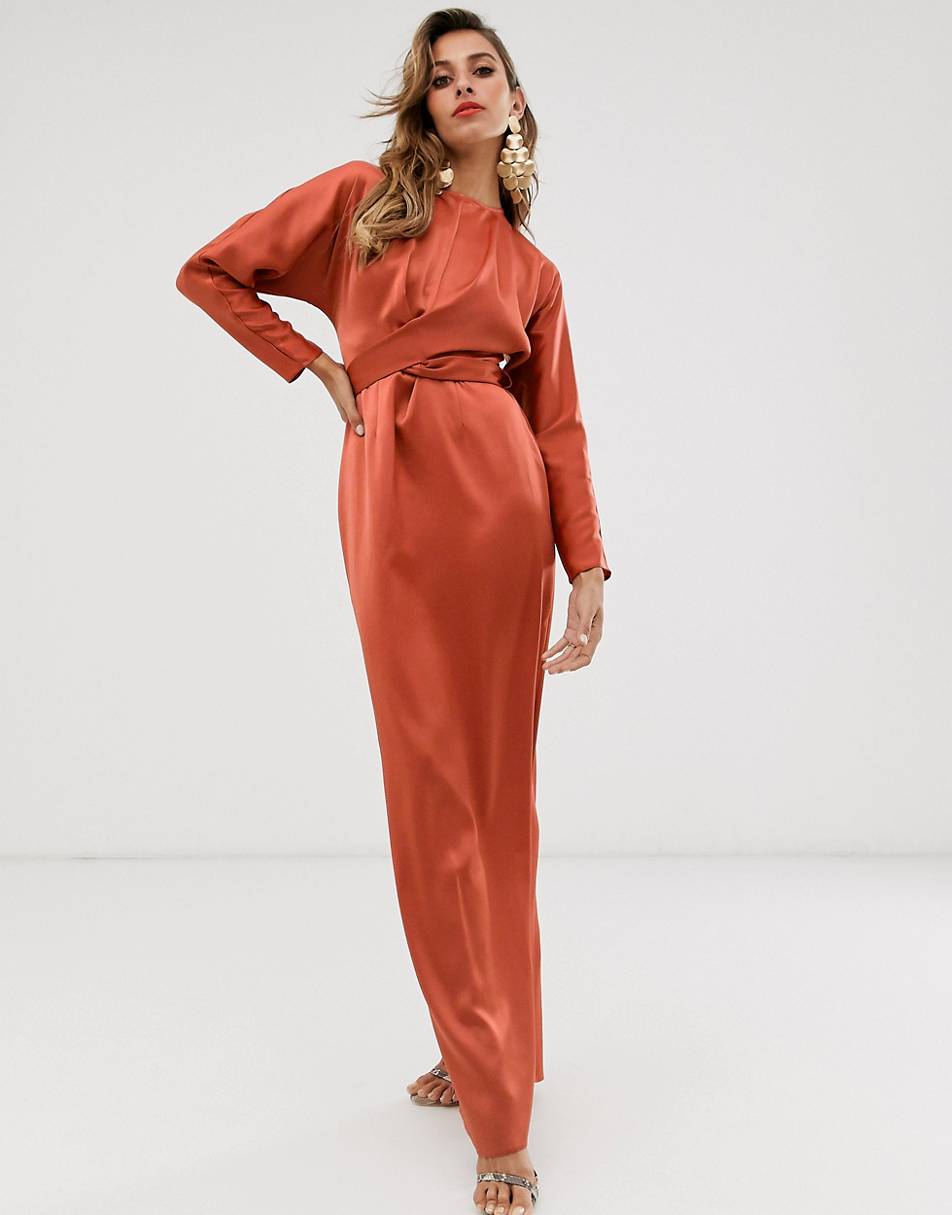 asos.com | ASOS DESIGN satin maxi dress with batwing sleeve and wrap waist in rust