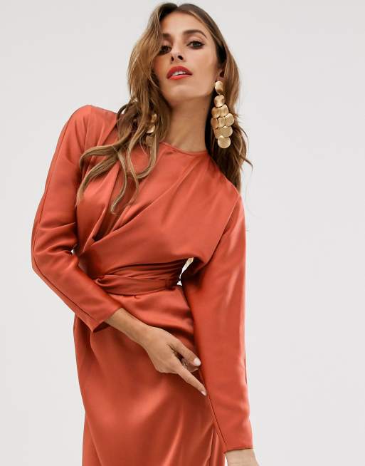 ASOS DESIGN satin maxi dress with batwing sleeve and wrap in rust | ASOS