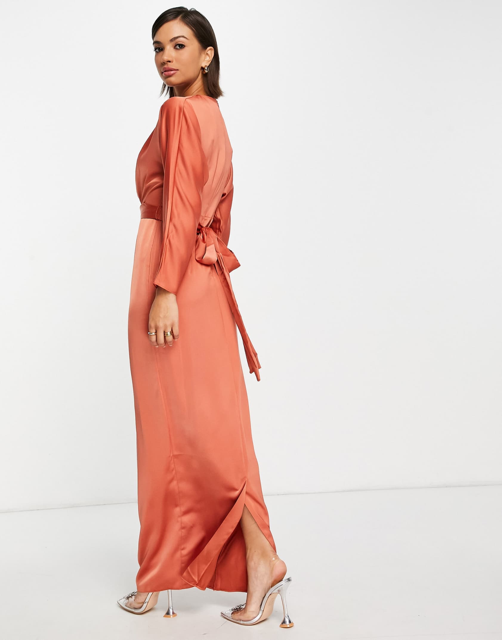 Maxi dress with batwing sleeve and wrap waist in satin best sale