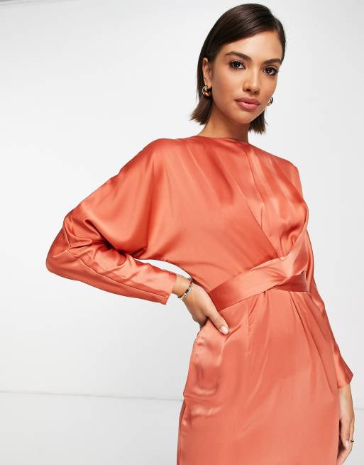 Asos design maxi dress with batwing outlet sleeve and wrap waist in satin