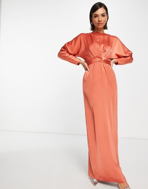 ASOS DESIGN satin maxi dress with batwing sleeve and wrap waist in