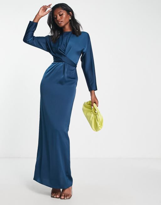 Satin long on sale dress with sleeves