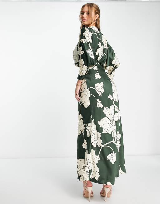 ASOS DESIGN satin maxi dress with batwing sleeve in large stencil floral, 2 of 4