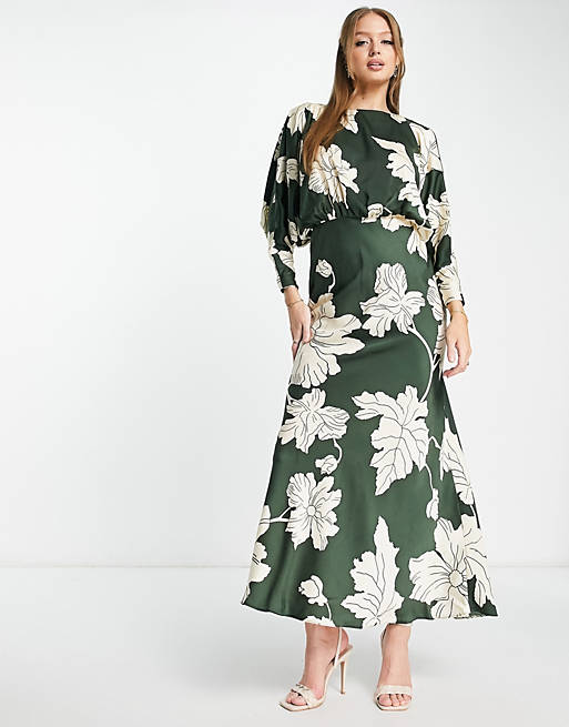 ASOS DESIGN satin maxi dress with batwing sleeve in large stencil floral